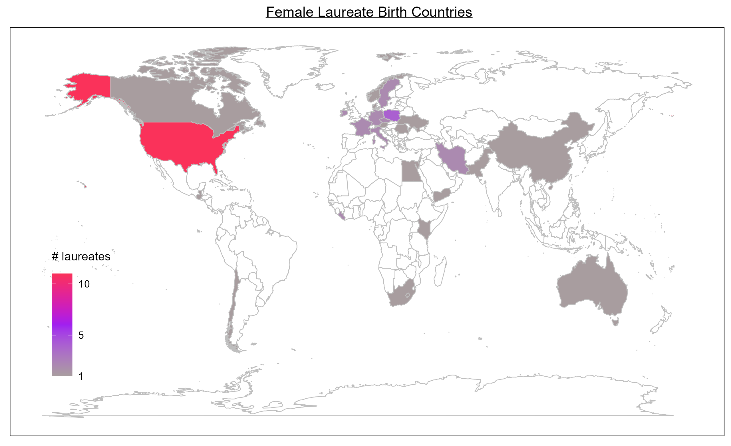 World map of female laureates' birth countries, on a scale from 1 to 10. The United States is the brightest, near 10, followed by Poland. Other countries with at least one female laureate include France, Germany, Sweden, Italy, Iran, Liberia, Kenya, Yemen, Pakistan, China, South Africa, Canada and Australia.