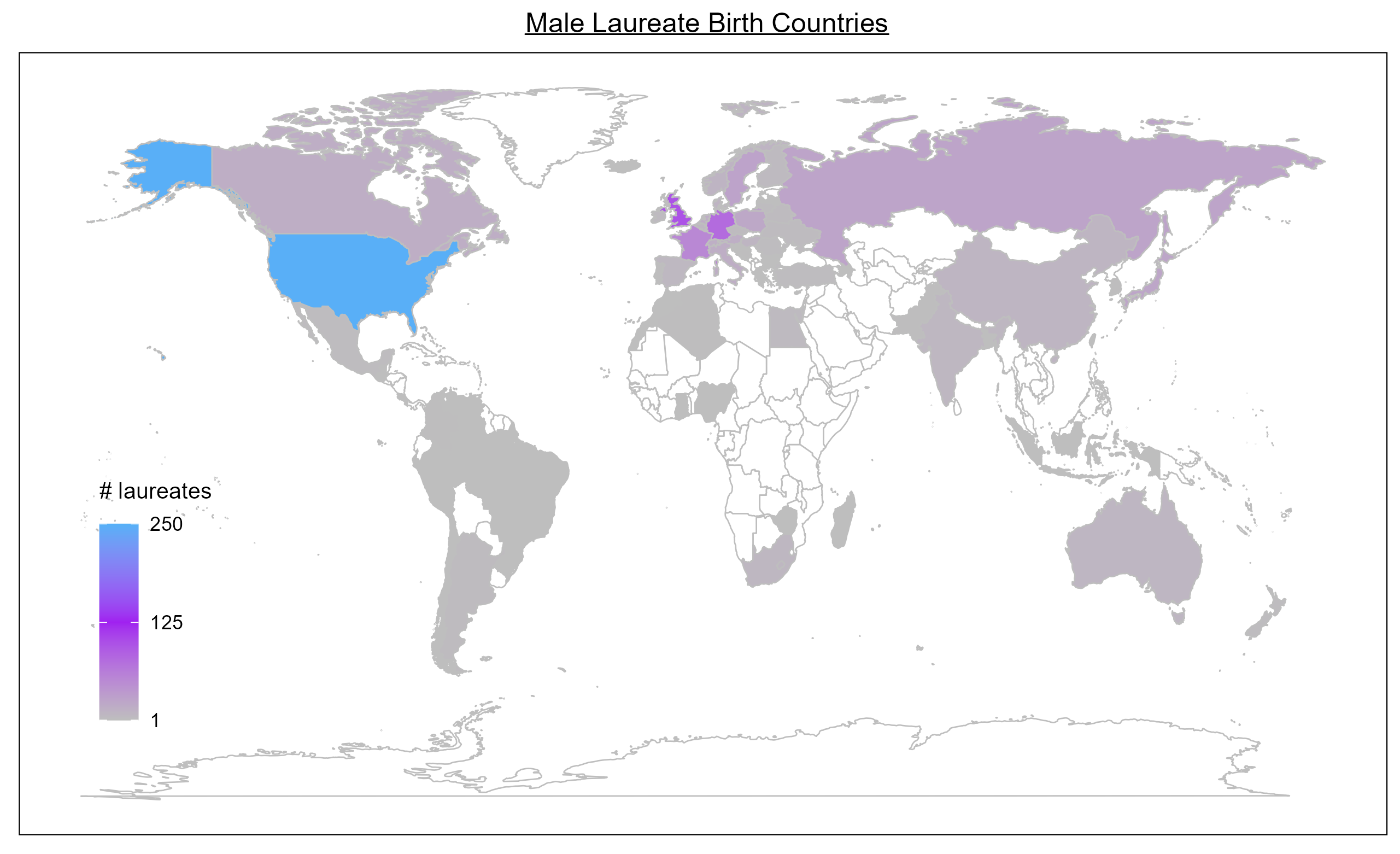 World map of male laureates' birth countries, on a scale from 1 to 250. The United States is the brightest, near the top of the scale, followed by the United Kingdom, Germany and France. Much of Europe, Russia, Canada, Japan, India, China and Australia have smaller counts.